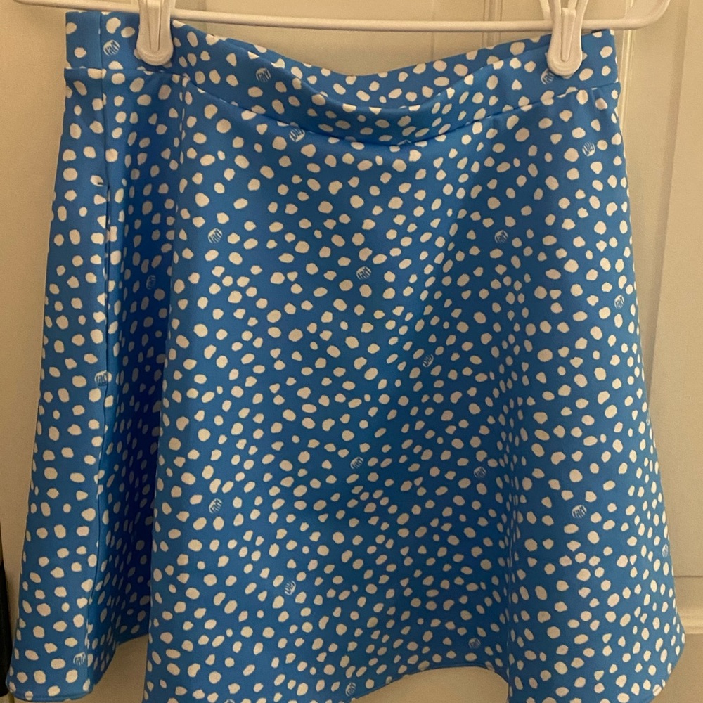 blue slip on skirt with white pokadots